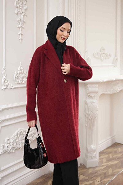 İmajButik Bordo Tek Düğmeli Angora Yumoş Triko Hırka