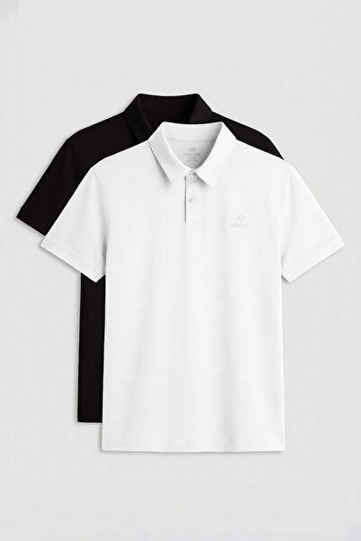 TOMMY LIFE Ανδρικό μπλουζάκι Standard Fit Basic Polo Collar 2 Pack Μαύρο-Λευκ...