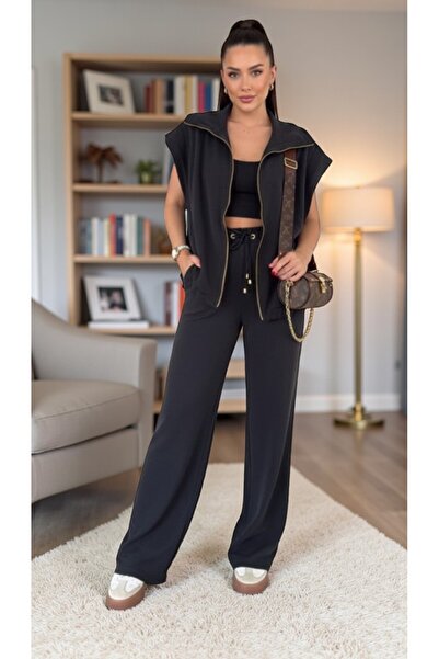 legends butik Women's Anthracite Wide-Legged Trousers and Vest 2-Piece Set