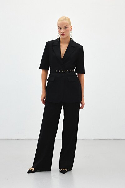 Sateen Wide Leg Linen Trousers - Black