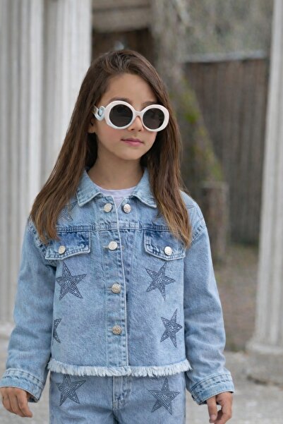 DUDOR KİDS Kız Çocuk Taşlı Yıldızlı Kot Ceket-Jeans Ceket/Kot Mont-Jeans Mont...
