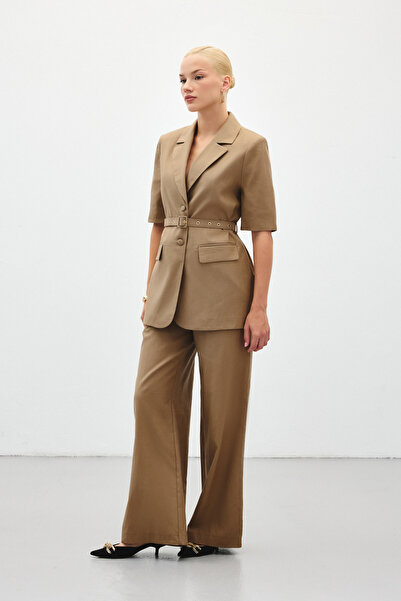 Sateen Bol Paça Keten Pantolon - Camel