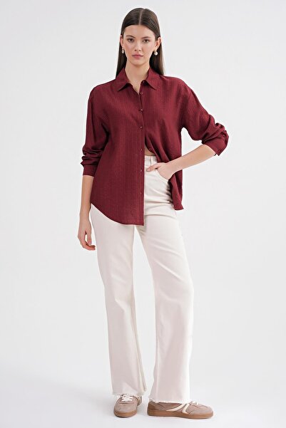Mixray Women's Thin Striped Draped Basic Blazer Claret Red