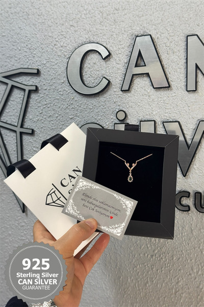 CAN SİLVER 925 Ayar Gümüş Zümrüt Taşlı Damla Model Kadın Gümüş Kolye- Damla G...