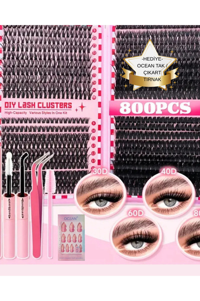 800 Parça Kendin Yap Kirpik Seti – 9-16mm Küme Kirpikler, Cımbız, Fırça ve Yapıştırıcı ile Birlikte