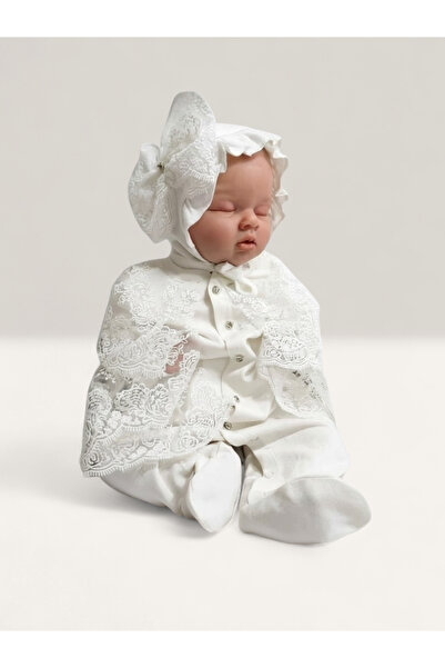 Şeker Tadında Tasarımlar Bonet Şapkalı Fransız Güpürlü Kız Bebek Tulum Seti,M...