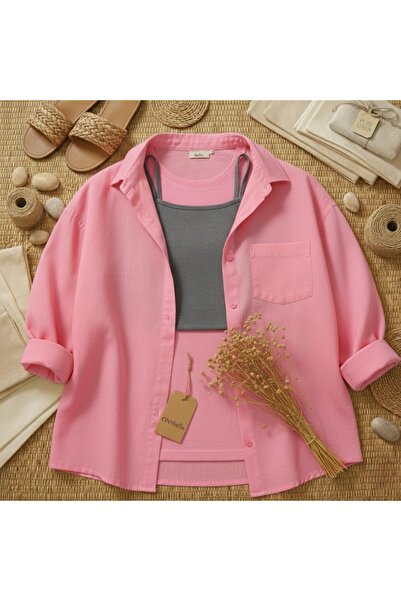 fatma keskin linna butik Kadın Pudra Keten Gömlek Yeni Sezon Yazlık Gömlek PEMBE