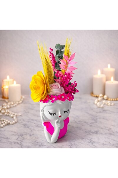 velve Decoratiune din ceramica, Fata Visatoare, cu begonie de lemn si flori c...