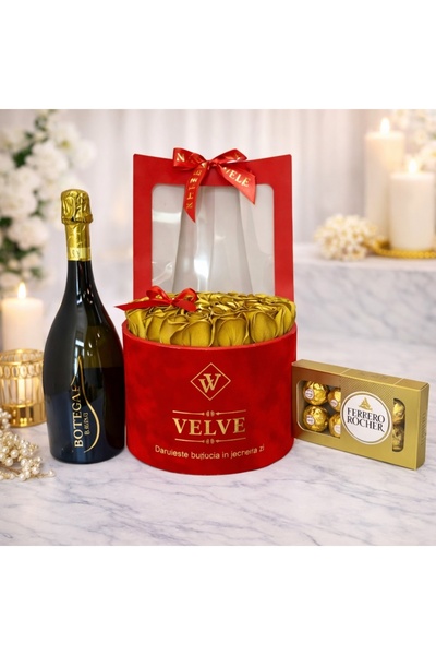 velve Pachet cadou Splendor,Vin spumant,Praline,aranjament floral cu 25 trand...