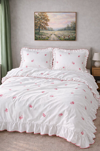 GÖRMEZ TEKSTİL Комплект спално бельо с двойна роза, червено, набрано и бродир...
