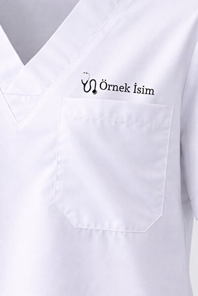 mirach Kişiye Özel İsim Yazılı Hediyelik Doktor Hemşire Scrubs Tekniker Medikal Forma Cerrahi Tek Üst