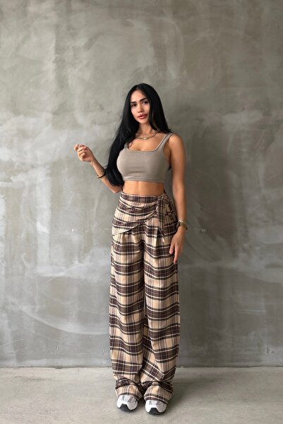 OKSOCOLLECTİON Bsk Model Fular Detaylı Ekoseli Pantolon