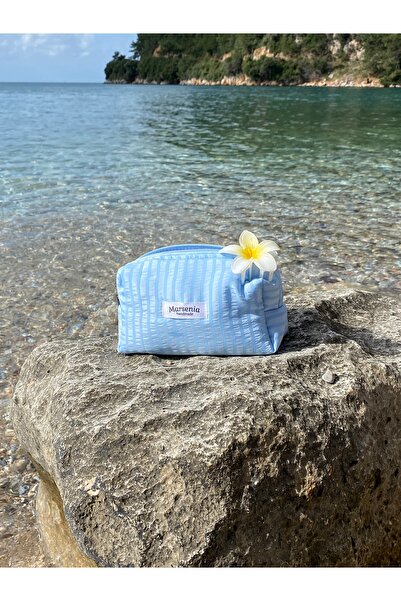 MARSENİA Pastel Mavi Çizgili Makyaj Çantası Büyük Boy