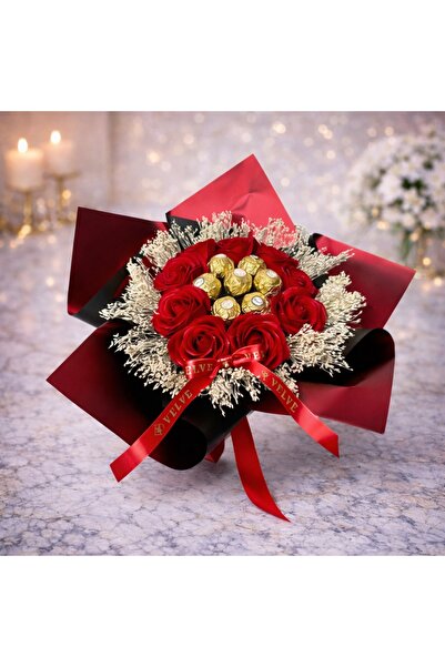 velve Buchet cadou Delice, cu 7 praline Ferrero, 9 trandafiri de sapun rosu s...