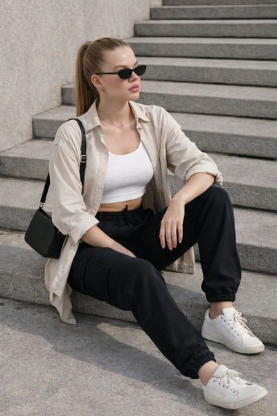 Green Hill Black Sweatpants with Cargo Pockets and Elastic Waist