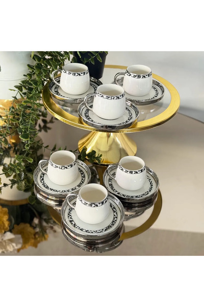 Ogeda Home 6’lı Gümüş Leopar Desenli Fincan Takımı-Buenos Porselen Gold Kulpl...