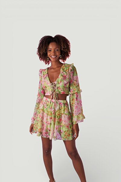 HOLLY LOLLY Květinově vzorovaná elastická mini sukně s vysokým pasem, zelená