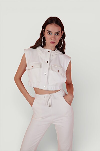 HOLLY LOLLY Kapişonlu Çıtçıt Kapamalı 3 Iplik Jura Yelek Beyaz