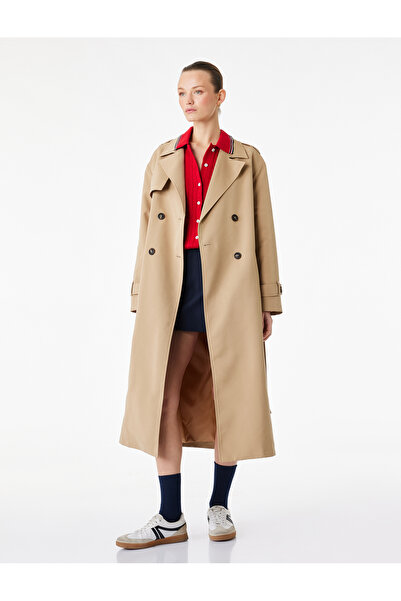 Koton Long Sleeve Buttoned Pocketed Belted Double-Breasted Gabardine Trench Coat