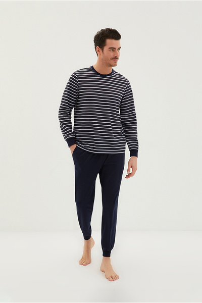 Kiğılı 3-Piece Crew Neck Striped Cotton Pajama Set