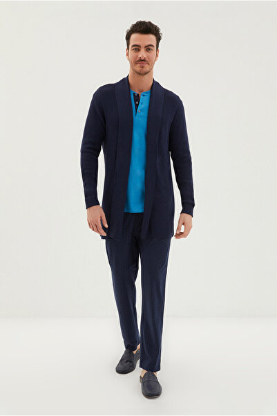 Kiğılı 3-Piece Patterned Cotton Pajama Set - Long Sleeve with Knitwear Robe a...