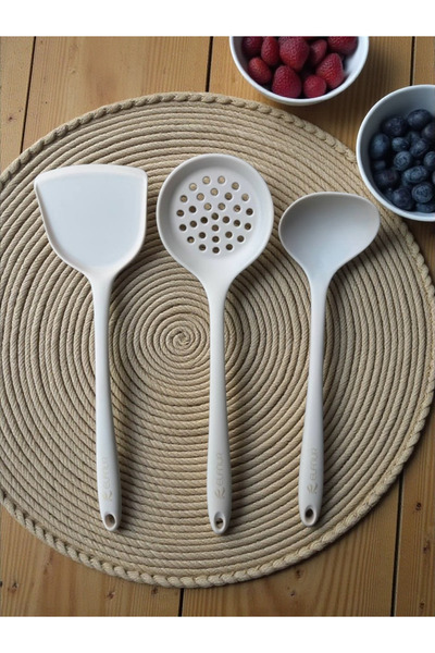 elfnur 3 Pieces Hard Tip Heat Resistant Silicone Colander Sıpatula Ladle Set