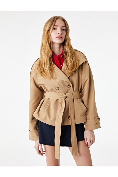 Koton Pocketed, Belted, Buttoned, Stand Collar, Long Sleeve Gabardine Jacket