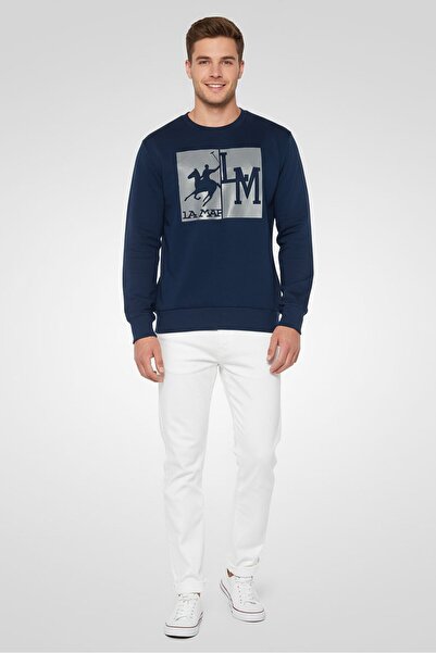 La Martina سويت شيرت رجالي بأكمام طويلة وياقة دائرية وشعار العلامة التجارية، ...