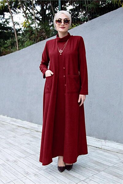 TRENDTESETTÜR KADIN BORDO CEPLİ İKİLİ TRİKO ELBİSE 7608