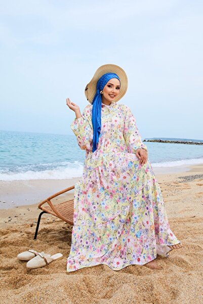 UMS Digital Printed Modal Hijab Dress Yellow