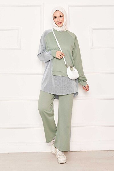 EBRUTESETTÜR طقم مكون من قطعتين مزين بخطوط غير متماثلة في الأمام باللون الأخض...