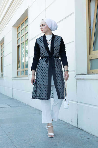 Genel Markalar Polka Dot Detailed Tulle Abaya 350TH-8007 Black