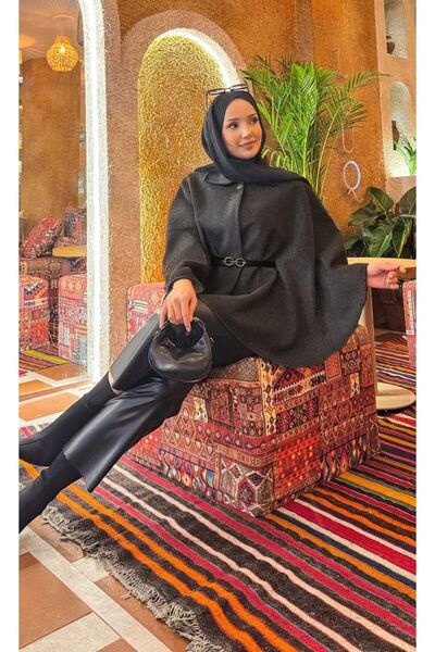 EBRUTESETTÜR Mobile Belted Button Detailed Hijab Poncho Smoked