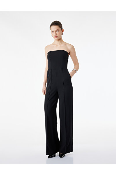 Koton Crepe Fabric Pockets, Ribbed Detail, Wide Leg Strapless Jumpsuit