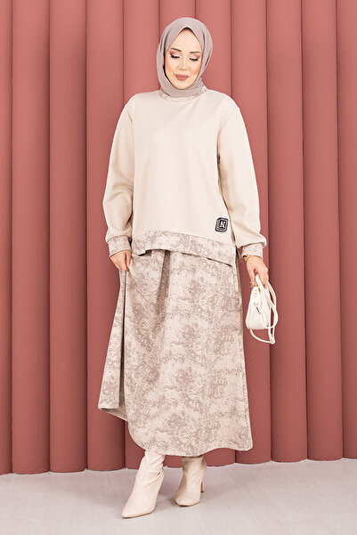 EBRUTESETTÜR طقم تنورة حجاب عصري بقطع قماش مخيطة معاً باللون البيج