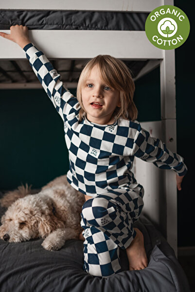 Antebies طقم بيجامة للأولاد بأكمام طويلة ونمط أزرق داكن عضوي مع خصر مطاطي