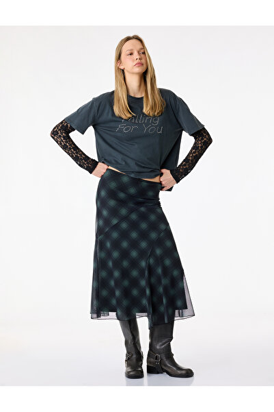 Koton Asymmetrical Cut Plaid Midi Tulle Skirt