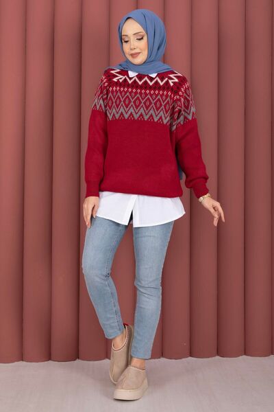 EBRUTESETTÜR Ethnic Motif Casual Knit Sweater Red