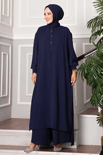 EBRUTESETTÜR Half Buttoned Long Hijab Double Suit Navy Blue