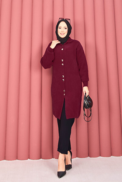 EBRUTESETTÜR Gold Buttoned Hijab Angora Cardigan Burgundy