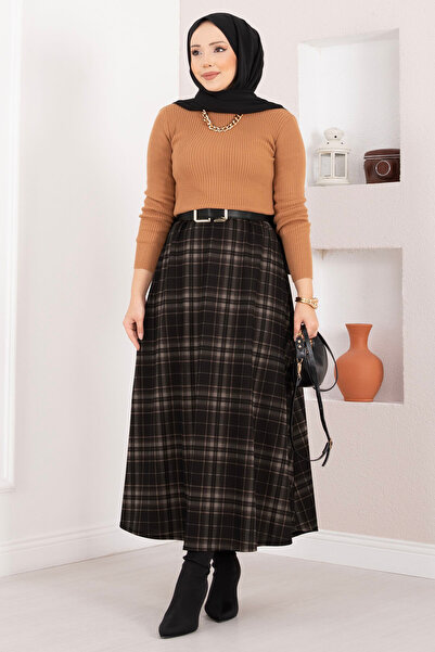 EBRUTESETTÜR Square Patterned Scuba Skirt Black - Stone