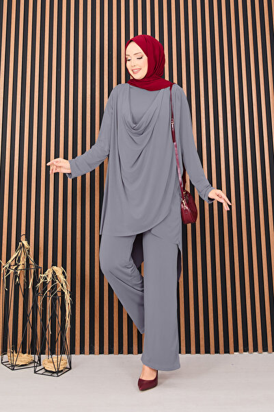 EBRUTESETTÜR Degaje Draped Sandy Hijab Double Set Gray