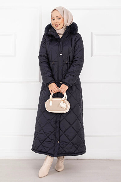 EBRUTESETTÜR Royal Quilted Fur Hooded Long Puffer Coat Navy Blue