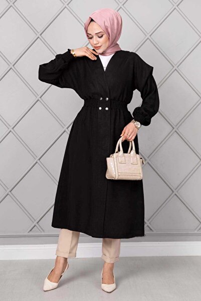 EBRUTESETTÜR Beli Lastikli Uzun Tesettür Kap Siyah