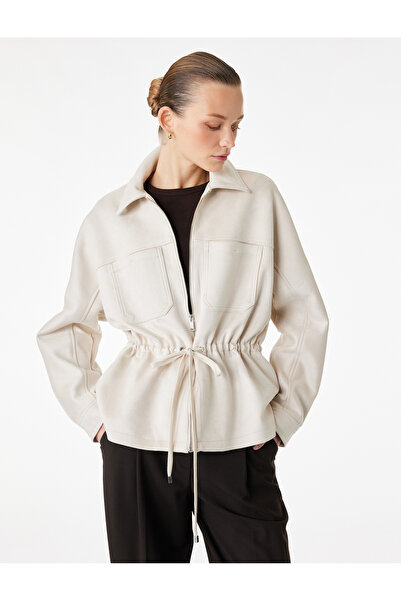 Koton Long Sleeve Jacket with Pockets, Waist Tie Detail, Zipper Closure, Sued...