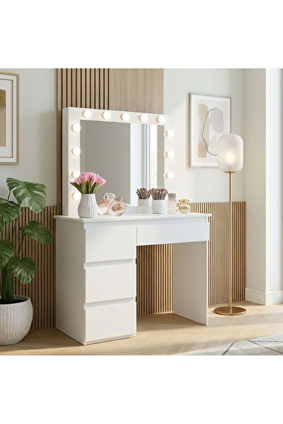 stickerino Masă de machiaj și toaletă Hollywood Pro, albă, cu 4 sertare, ogli...