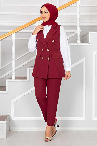 Generic Brand Mendil Collar Detailed Hijab Vest Set Burgundy