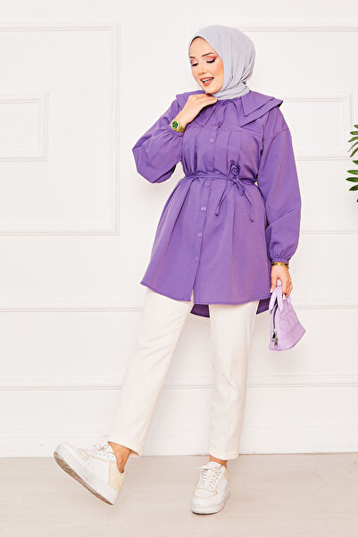 EBRUTESETTÜR Çift Yakalı Beli Bağcıklı Tesettür Gömlek Mor