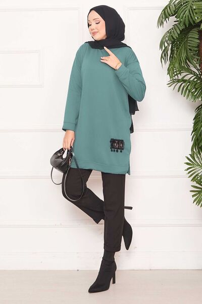 EBRUTESETTÜR تونيك تيزيت (حجاب) مطرز بالخرز مع كرات زينة باللون الأخضر