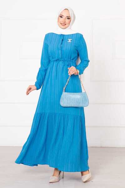 EBRUTESETTÜR Half Buttoned Gathered Waist Hijab Dress Light Blue